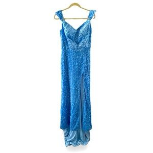 Miss Veil Pastel Blue Sequin Formal Maxi Dress Size Medium Sweetheart Leg Slit
